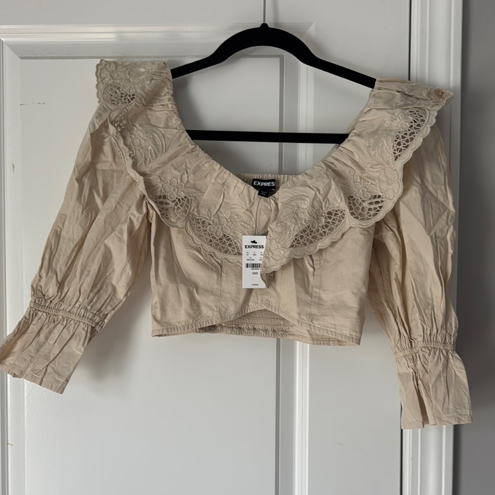 Express Tan Ruffled Smocked Crop Blouse NWT
